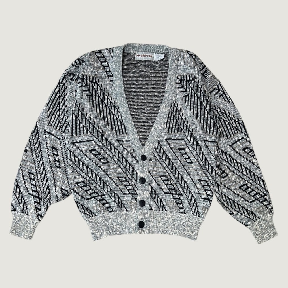 Vintage 90s Grandpa Cardigan Sweater Geometric Grey McGregor Button Front Medium